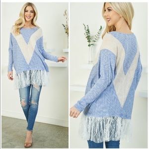 New Ryu A’reve Retro Blue V neck lightweight sweater with lave bottom